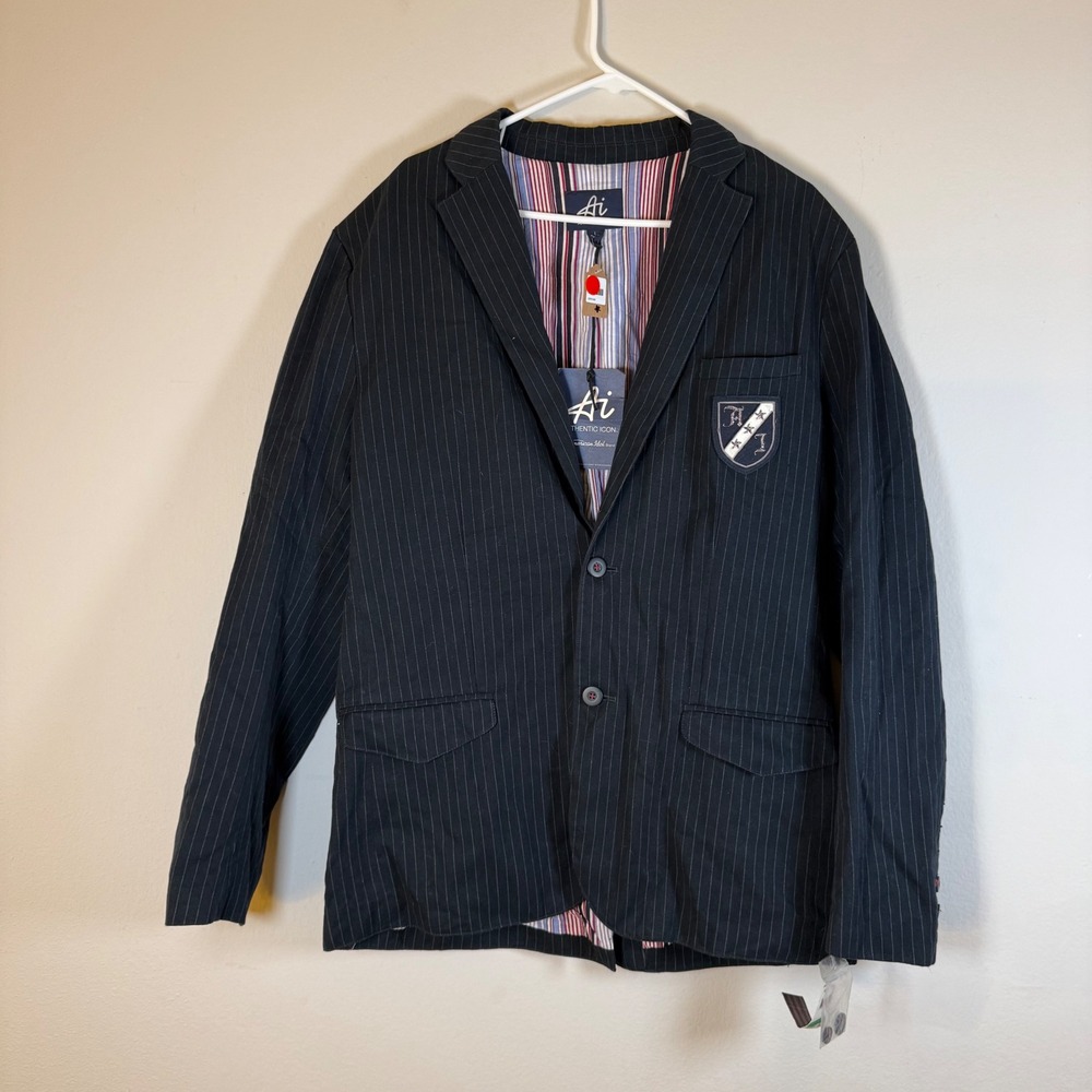 Authentic Icon Mens Black Pinstripe Blazer Crest Patch Lined Size L